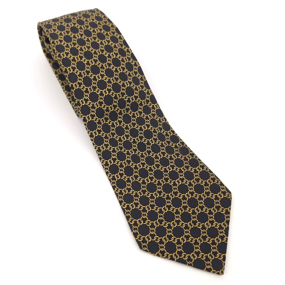 Hermes Mens Tie 100% Silk Black Gold Chain Link 7422 HA Made in France